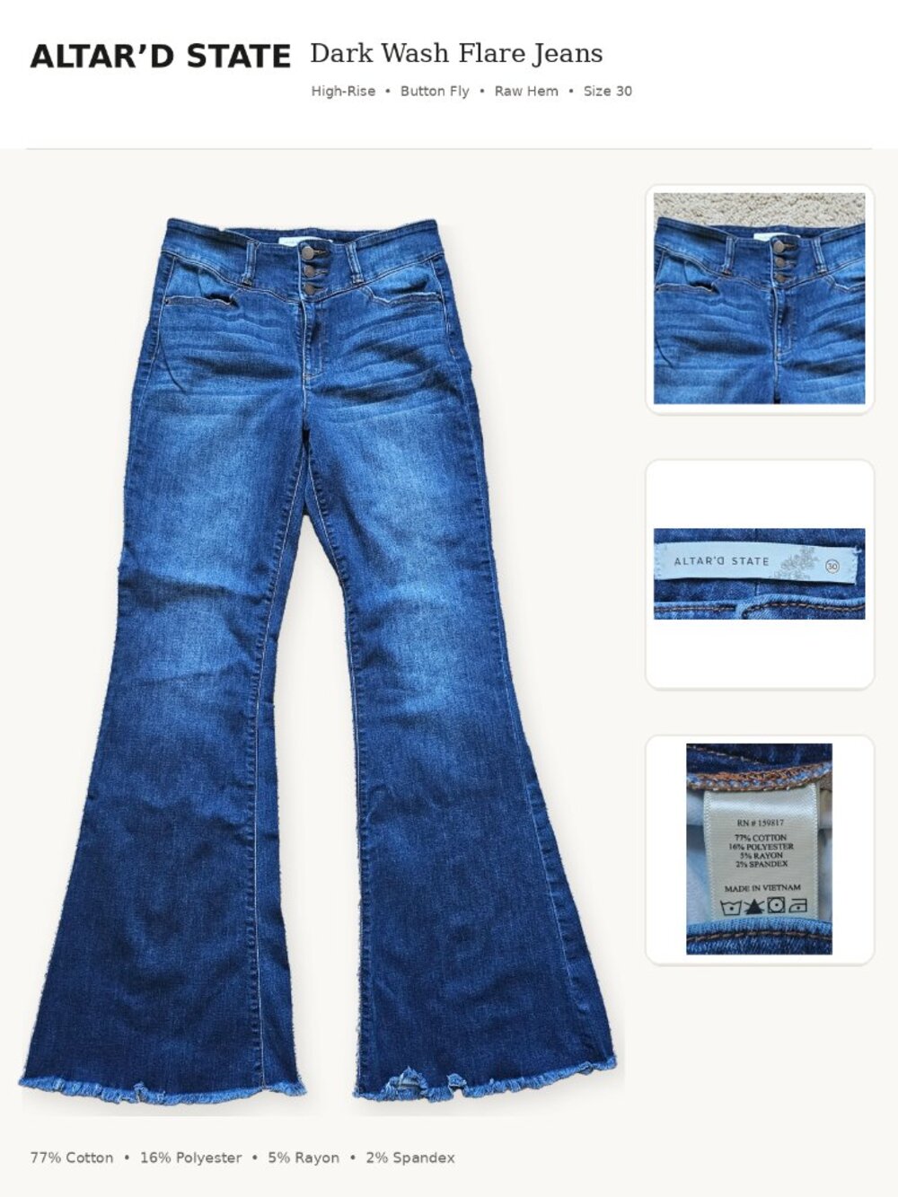 Altar’d State High Rise Triple Button Flare Jeans Dark Wash Frayed Hem Size 30